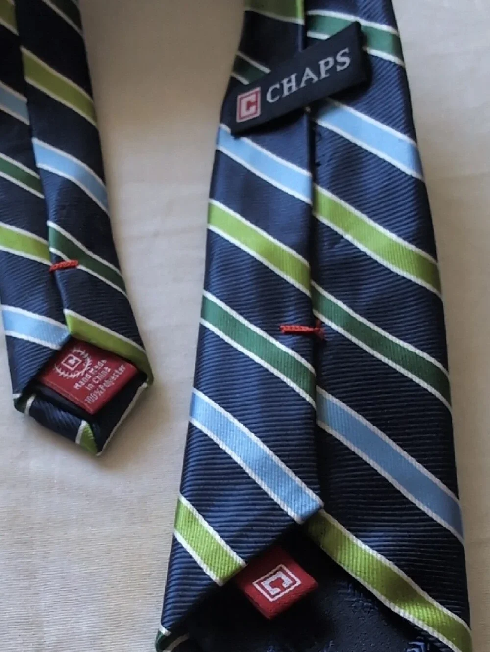 Chaps Kids Navy Tie with Light Blue and Olive Green Stripes